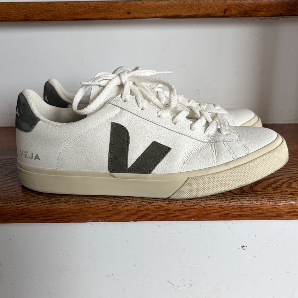 Veja Esplar‎ White Leather Campo Sneakers Olive Green Suede Logo Size 10